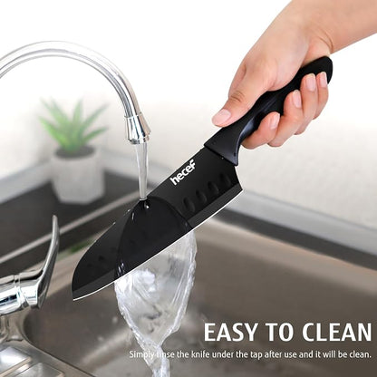 hecef Black Kitchen Knife Set of 3, Sharp Knives with Stainless Steel Blade, Lightweight Handle, Non-stick Coating Set Includes 7", 5", 3.5" Knives