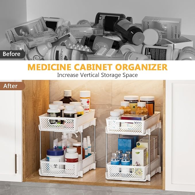 DABIGE 4 Pack Pull Out Bathroom Organizers and Storage, 2 Tier Stackable Under Sink Storage Organizer for Bathroom, Kitchen Cabinet, Pantry, and Medicine Holder, Organization and Storage - White