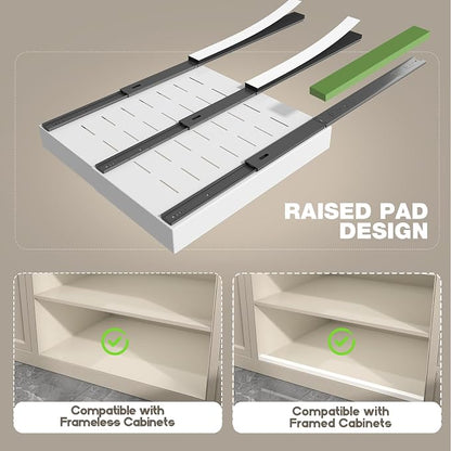 Seinloes 1 Pack Pull Out Cabinet Organizer 21" Deep,Full Extension 3 Slide Rails Slide Out Drawers With Raising Pad for Framed Cabinets,Expandable Width (12.3"-20.5"),No Drill Roll Out Shelves,White