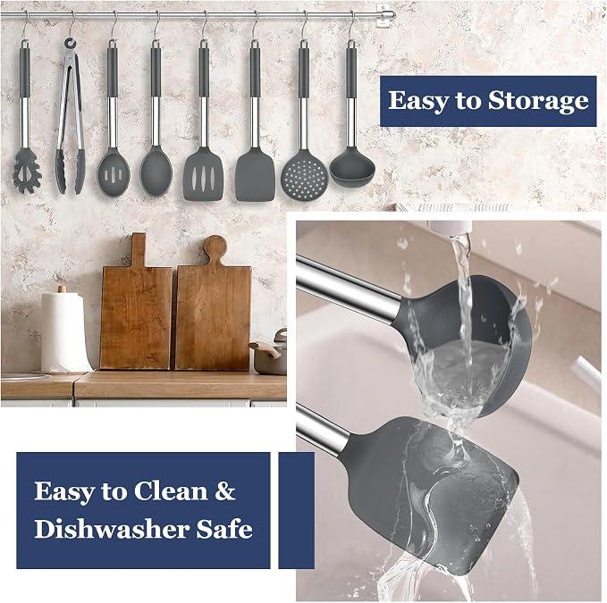TeamFar Kitchen Utensils, 8PCS Silicone Utensils Kitchen Tools Set with Stainless Steel Handle, for Nonstick Cookware Frying Flipping Draining, Healthy & Anti-heat, Nonstick & Dishwasher Safe - Gray