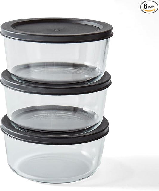 6-Piece Glass Food Storage Containers Set (3 Containers + 3 BPA-Free Lids) | 4-Cup, Leakproof | Microwave, Freezer, Oven & Dishwasher Safe | Ideal for Meal Prep & Pantry Organization, Black
