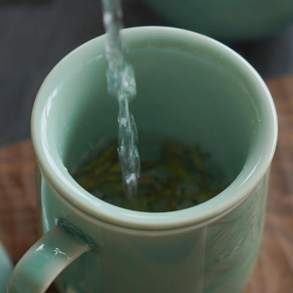 Tea Infuser Mug with Lid, 12oz Handcrafted Celadon Loose Leaf Cup — Ceramic Strainer Brewing Mug, Sage Green Japandi Drinkware, Gift for Tea Lovers