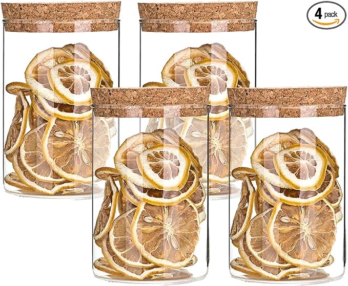 Airtight Glass Storage Containers with cork Lid, for Kitchen Pantry Organization and Storage jar，Ideal for Coffee Beans Snacks Flour Cereal Sugar Tea 21oz. (Circular 4.7 * 3.3in*4pcs)