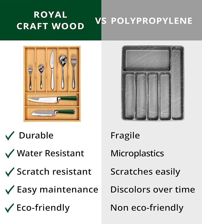 ROYAL CRAFT WOOD Luxury Bamboo Utensil Rack and Silverware Organizer, Kitchen Drawer Organizer - Utensil Holder and Cutlery Tray with Grooved Drawer Dividers for Flatware 7 Slot, Natural