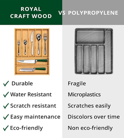 ROYAL CRAFT WOOD Luxury Bamboo Utensil Rack and Silverware Organizer, Kitchen Drawer Organizer - Utensil Holder and Cutlery Tray with Grooved Drawer Dividers for Flatware 7 Slot, Natural