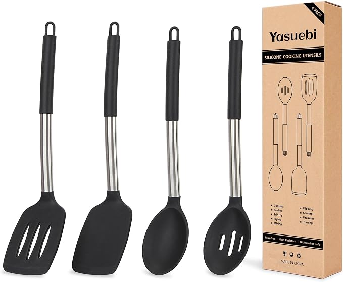 Silicone Cooking Kitchen Utensils Set Kitchen Utensils Set Silicone Cooking Utensils Set for Nonstick Cookware Perfect for Baking and Mixing Spatula Set BPA Free Dishwasher Safe Black 4 Pack