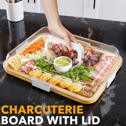 SpaceAid Charcuterie Board with Clear Lid, Portable Travel Cheese Cutting Boards for Picnic Accessories, Bamboo Serving Tray with Lids, House Warming Gifts, White Handles, 1 Compartments