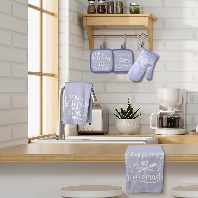 Sratte 6 Pcs Kitchen Decor Accessories Set Farmhouse Towels Pot Holders Oven Mitts Set 2 Dish Towels 2 Potholders 2 Cooking Mittens Oven Glove for Christmas Baking Cooking(Dreamy Purple,Kitchen)