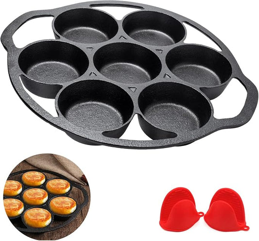 YOLOPLUS+ Pre-seasoned Cast Iron Muffin Pan with Heat Resistant Gloves，11.2 Inch 7 Cups Biscuit Pan with Handle for Biscuits, Cupcake,Muffins, and Scones