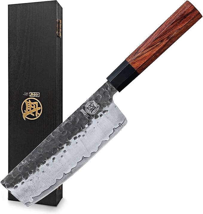 MITSUMOTO SAKARI 7-Inch Japanese Nakiri Knife, 9Cr18MoV Steel | Wide Nakiri blade for vegetable push cuts, 12° edge, 3-layer 9Cr18MoV steel, rosewood handle, sandalwood box