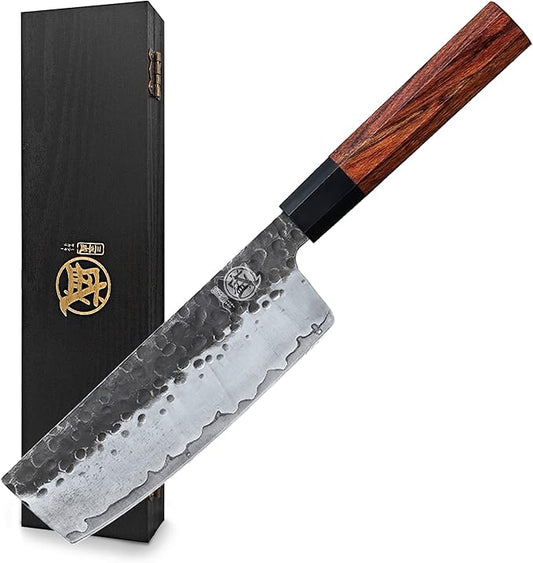 MITSUMOTO SAKARI 7-Inch Japanese Nakiri Knife, 9Cr18MoV Steel | Wide Nakiri blade for vegetable push cuts, 12° edge, 3-layer 9Cr18MoV steel, rosewood handle, sandalwood box