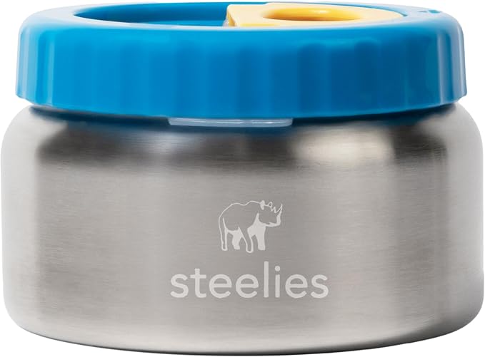 8oz Vacuum Sealed Compact Stainless Steel Insulated Food Container for Hot & Cold Food for Kids, Easy to Open No Twisting Lid, 100% Leak Proof (Blue)