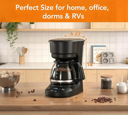 Electactic 5-Cup Drip Coffee Maker, a compact coffee machine with a digital clock and 24-hour programmable timer, featuring Auto Shut-Off, and a Removable Filter Basket for Home & Office-Deep Black