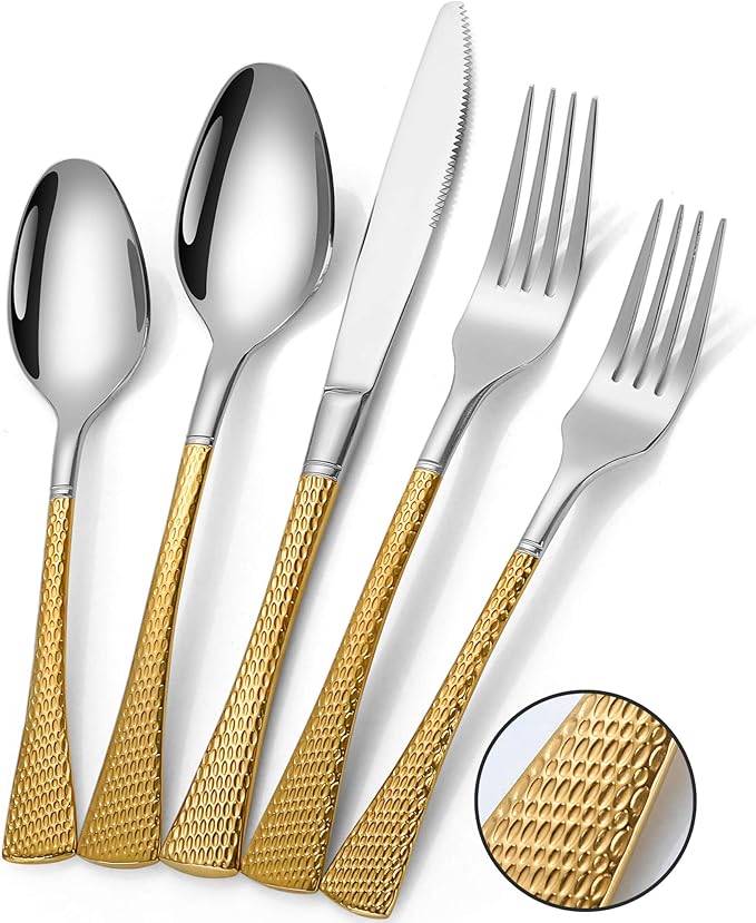 Lemeya Hammered Silver Gold Silverware Set,30 Piece Modern Flatware Set Service for 6,Mirror Polished Stainless Steel Cutlery Set Utensil Set,Kitchen Knives Forks Spoons Set,Dishwasher Safe