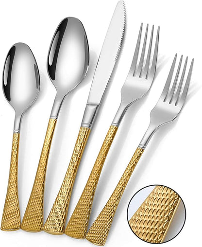 Lemeya Hammered Silver Gold Silverware Set,30 Piece Modern Flatware Set Service for 6,Mirror Polished Stainless Steel Cutlery Set Utensil Set,Kitchen Knives Forks Spoons Set,Dishwasher Safe