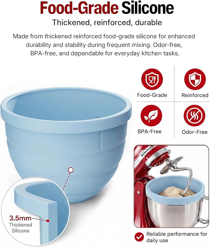 Silicone Bowl Liner for KitchenAid Tilt-Head 5QT Mixers, Kitchen Aid Accessories and Attachments for Baking and Cooking, Fits 5 Quart Mixing Bowl with Lids (Blue, 5QT)