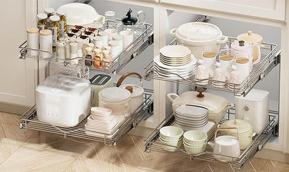 DINDON 2 Tier Pull Out Cabinet Organizer (17" W x 18" D) Heavy-Duty Metal Sliding Drawer Shelf, Two Tier Pull Out Shelves for Kitchen Cabinets, Pantry, Bathroom, Chrome Finish