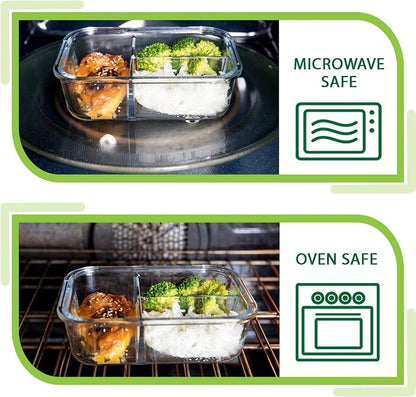 Glass Meal Prep Containers - 4-Pack 35 Oz. 3 Compartment Bento Box Lunch Containers | Bento Lunch Box Portion Control Containers | 3 Compartment Food Containers