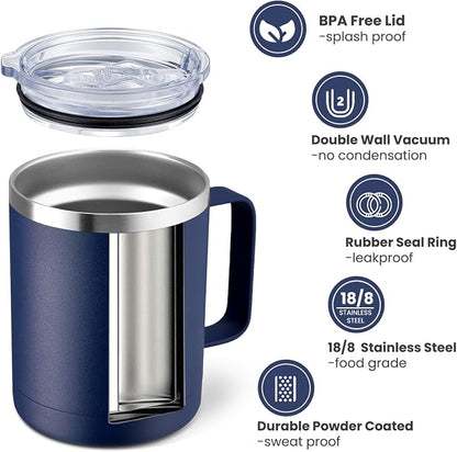 MEWAY 12oz Coffee Mug With Handle and Sliding Lid,Stainless Steel Travel Tumbler Cup with Handle,Double Wall Vacuum Insulated Camping Cup for Hot & Cold Drinks Tea (Navy,Set of 1