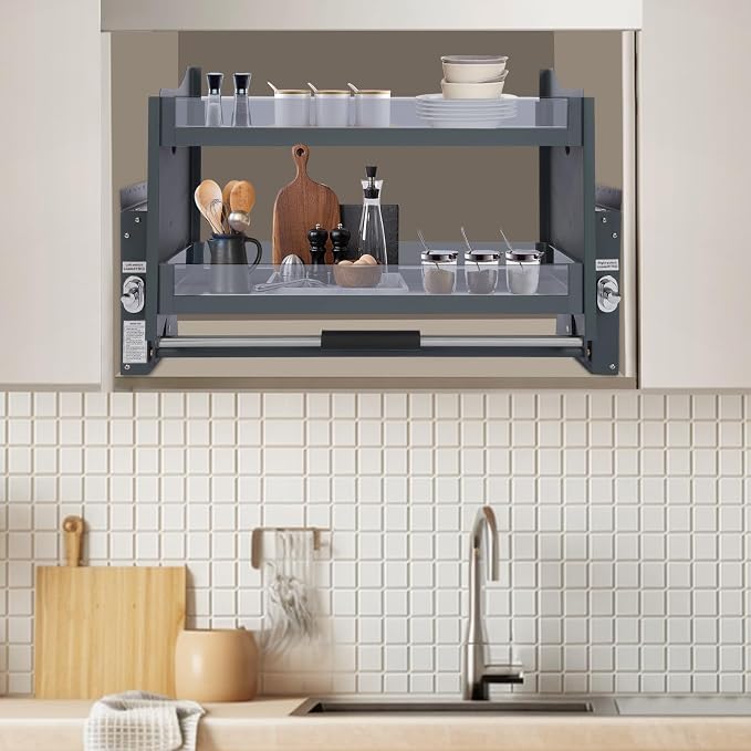 Pull Down Shelf for Kitchen Upper Cabinet,2-Tier Pull Down Cabinet Organizer,Pull-Down Shelf for Kitchen Upper Cabinets,26.4 Lbs Load Capacity (30.08 * 10.24 * 21.65in)