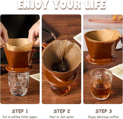 Pour Over Coffee Dripper, Ceramic Pour Over Coffee Maker with 3 Holes Flat Bottom, Easy Manual Brew Maker, Porcelain Slow Filter Cone for Travel, Camping, Office, Home,Brown