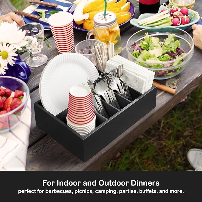 Black Utensil Holder for Party - Wooden Paper Plate and Utensil Caddy for Countertop - Silverware Caddy for Cup Fork Spoon Napkin - Cutlery Organizer for Kitchen Camping Buffet Picnic