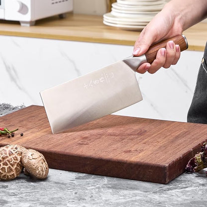 SHI BA ZI ZUO 7 Inches Stainless Steel Meat and Vegetable Cleaver Knife with Ergonomic and Sturdy Wooden Handle