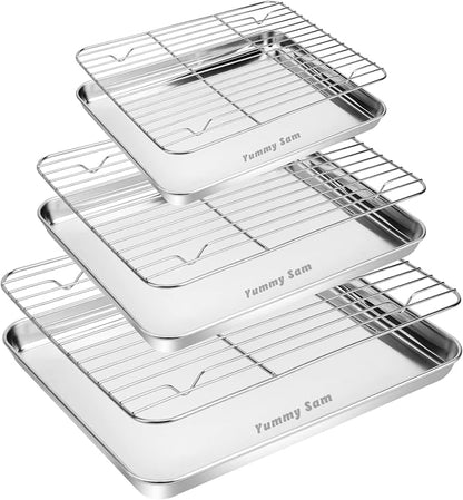 Yummy Sam Baking Sheet With Rack Set Including 3 Pans and 3 Racks Stainless Steel Cookie Sheet Baking Pans With Cooling Rack for Oven Heavy Duty Food Grade Rust Free Stainless Steel Half Sheet