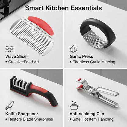 13-Piece Kitchen Gadget Set (Includes Storage Basket) — Featuring Kitchen Shears, Knife Sharpener, Peeler, Dough Scraper, Funnel, and Anti-Scald Tongs — A Complete Set of Cooking and Food Prep Tools
