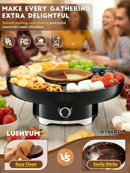 LUSHYUM Chocolate Fondue Pot Set Electric Melting Machine, 4-Cup Capacity 4 Trays 6 Forks 1 Spatula Cheese Warmer, Ideal Gift for Couple Family & Date Night Idea House Warming Holidays, Black