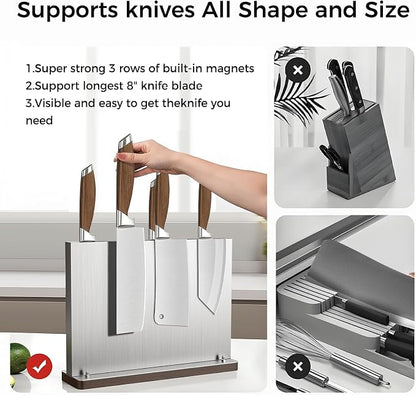Magnetic Knife Holder Stand,Stainless Steel Magnetic Knife Block Without Knives,Power Magnetic Knife Rack Strip,Double Sided Magnet Knife Storage Organizer