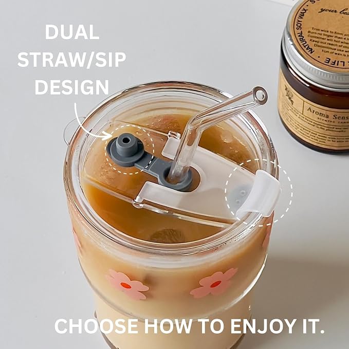 Olvini 13oz Glass Tumbler with Straw and Lid, Reusable Iced Coffee Cup Tumbler, Cute Glass Cups for Water, Matcha, Travel Coffee Mugs (Bon Appétit)