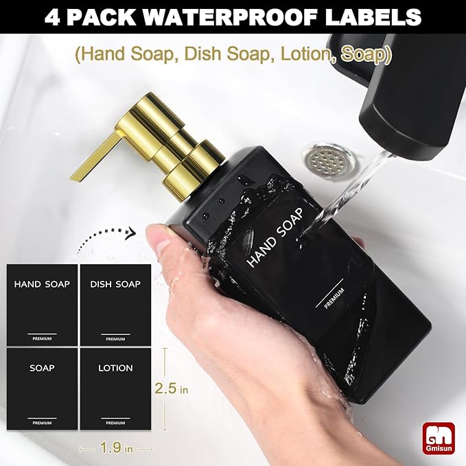 GMISUN Kitchen Soap Dispenser Set with Tray, Dish Soap Dispensers for Kitchen, 12fl oz/350ml Hand and Dish Soap Dispenser Set, Black Soap Dispensers with Gold Pump, Glass Liquid Soap and Lotion Bottle