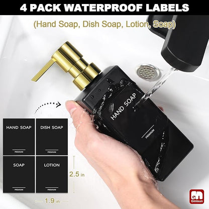GMISUN Kitchen Soap Dispenser Set with Tray, Dish Soap Dispensers for Kitchen, 12fl oz/350ml Hand and Dish Soap Dispenser Set, Black Soap Dispensers with Gold Pump, Glass Liquid Soap and Lotion Bottle