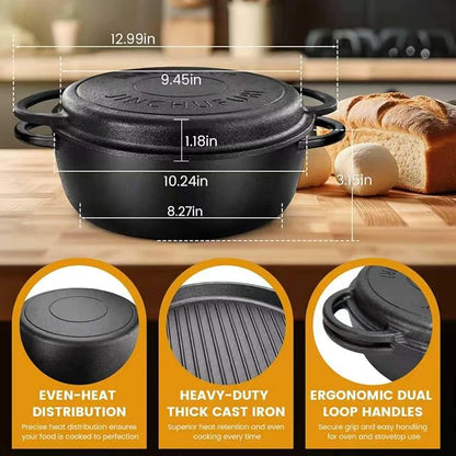 Cast Iron Dutch Oven With Skillet Lid - JINCHUFURI, 2-in-1 Pre-Seasoned Heavy Duty Cookware Set for Bread Baking, Frying, Camping, BBQ, Oven, Grill & Stovetop, 3.5QT