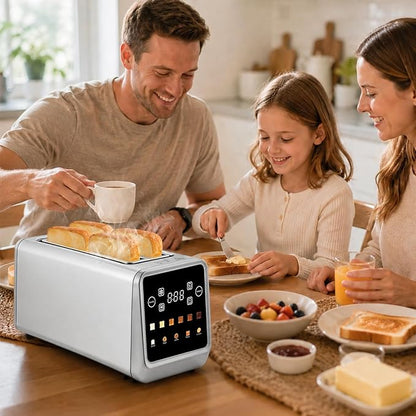 SAKAMOSH Touch Screen Toaster 4 Slice, Smart Digital Toasters with LED Display & Timer, Extra Long Wide Slots for Bagels, 6 Browning Levels & 5 Bread Types, Memory Function, 1400W, Stainless Steel