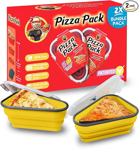 PIZZA PACK The Perfect Reusable Pizza Storage Container with 5 Microwavable Serving Trays - BPA-Free Adjustable Pizza Slice Container to Organize & Save Space, 2 Pack, Yellow