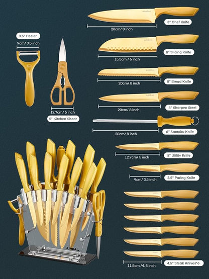 Aiheal Knife Set, 16 Pieces High Carbon Stainless Steel Golden Color Kitchen Knife Set, Titanium Coating Blade, No Rust and Super Sharp Cutlery with Acrylic Stand and Kitchen Scissors, Gift