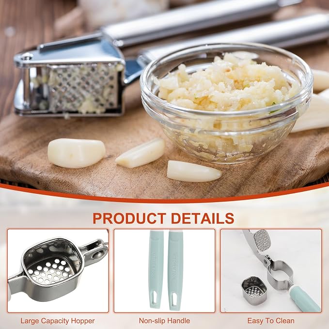 uxcell Garlic Press, 7.7 Inch Stainless Steel Garlic Crusher and Peeler for Home Cooks and Professional Chefs, Blue