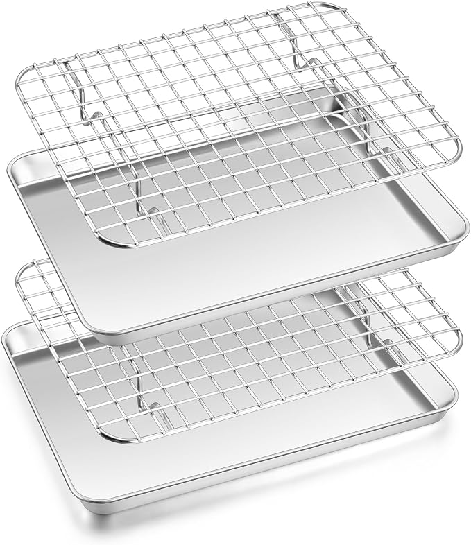 Homikit Toaster Oven Pan with Rack Set (2 Small Baking Sheets+2 Grill Racks), 9 x 7 Inch Stainless Steel Small Cookie Sheets Bacon Tray with Cooling Racks for Baking Roasting, Dishwasher Safe