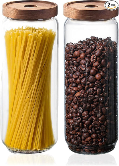 Glass Jars with Airtight Wood Lids - 57 OZ Large Tall Kitchen Pantry Storage Containers, Decorative Canister for Pasta, Spaghetti, Fusilli, Noodles, Coffee Beans, Oats, Cereal, Tea, Nuts, Set of 2