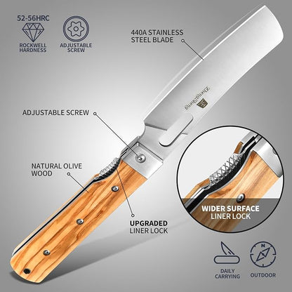 ZhengSheng Folding Chef Knife with Leather Pouch 4.8” Sharp 440A Stainless Steel Blade Olive Handle Pocket Foldable Japanese Style Kitchen Knife for Outdoor Camping BBQ trip Cooking.