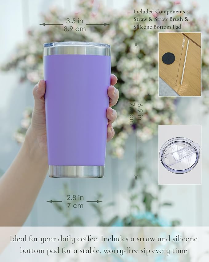 Travel Coffee Tumbler 20oz, 12 Pack Leakproof Travel Coffee Mug with Lid and Straw, Stainless Steel Double Wall Vacuum Insulated Tumbler for Hot/Iced Drinks (Periwinkle, Textured Matte)