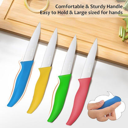 4-Piece Colored Paring Knife Set, 3.7 Inch Stainless Steel Sharp Fruit Vegetable Peeling Knives with Ergonomic Anti-Slip Large Handle, Small Kitchen Utility Knife for Daily Meal Prep, Assorted
