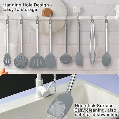 8 PCS Cooking Utensils Set, Vayvnt Silicone Kitchen Spatula Set for Cooking, Non Toxic Silicone Kitchen Utensils with Stainless Steel Long Handle, Spoon and Tong, Heat Resistant&Dishwasher Safe, Gray