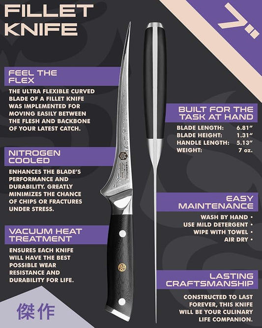 KESSAKU Fillet Knife - 7 inch - Damascus Dynasty Series - Flexible - Razor Sharp - Forged Japanese AUS-10V HC Stainless Steel - Boning, Trimming, Skinning - G10 Garolite Handle with Blade Guard