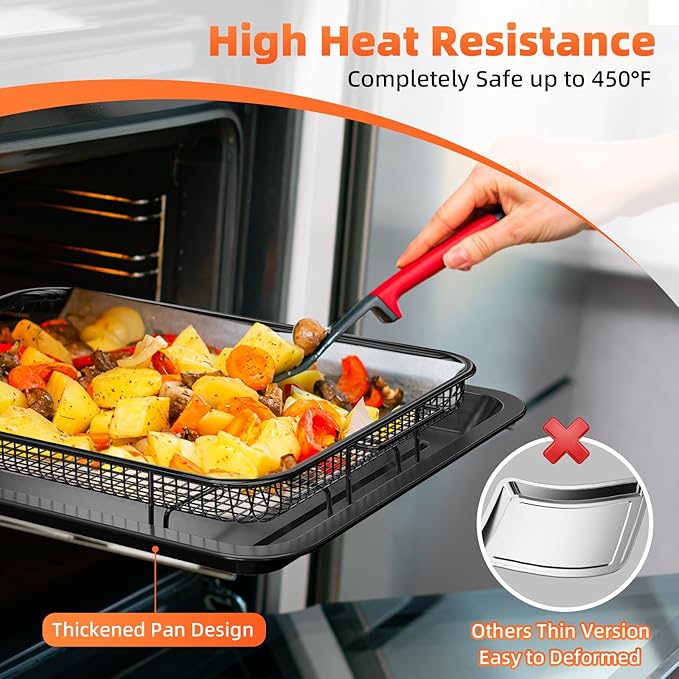 Air Fryer Pans for Oven, Oven Air Fryer Basket and Tray with Cooking Guide &30 PCS Parchment Papers, DEGOVIN Crisper Tray Non-stick Stainless Steel Air Fry Pans for Convection Oven(14.88"×10.98"Black)