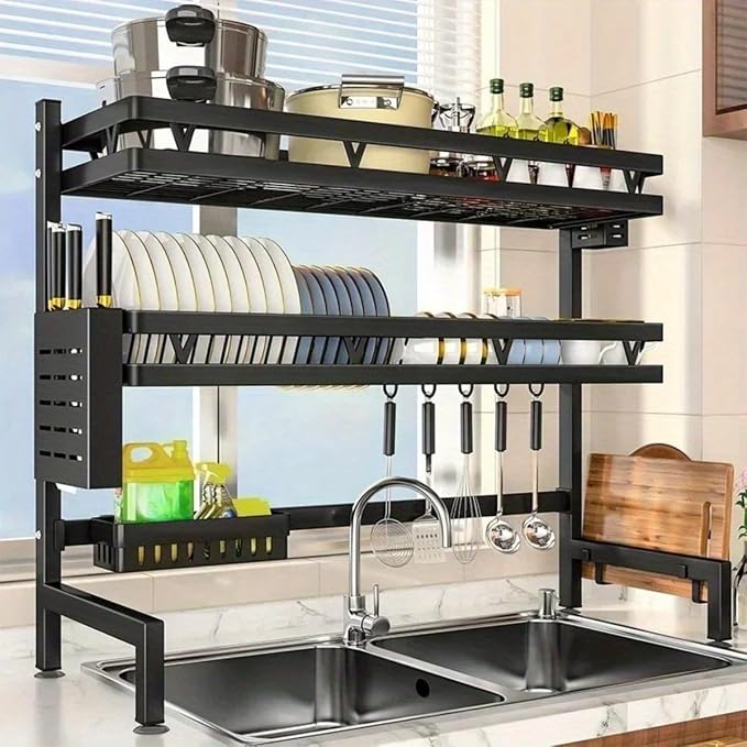 3-Tier Over Sink Dish Draining Rack Adjustable Width and Height with Phone Holder Cup Holder, Knife and Chopstick Holder, Cutting Board Rack, Space-Saving Rack
