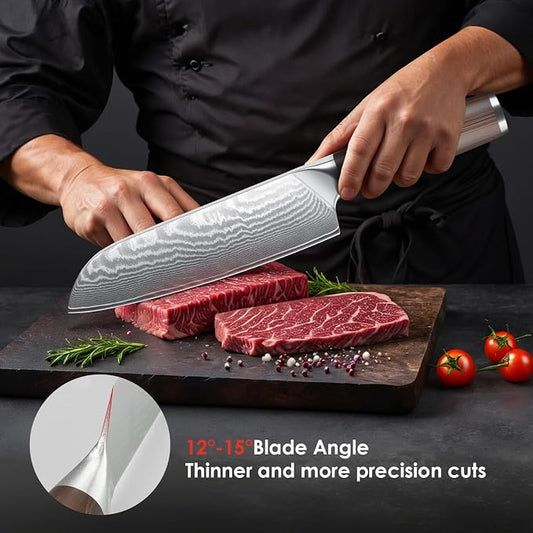 7 Inch Japanese Santoku Knife, Ultra Sharp High Carbon Stainless Steel Kitchen Knife, Professional Santoku Knives G10 Ergonomic Color Wooden Handle with Gift Box