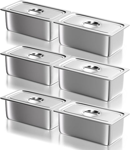 WantJoin Steam Table Hotel Pans with Lid 1/3 Third Size 2.5 Inch Deep 6 Pack, Stainless Steel Metal Food Storage Container Tray Sets, Restaurant Chafing Dishes Commercial Buffet Warmer Catering